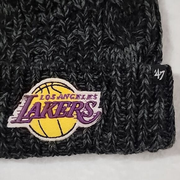 NWT Women's Los Angeles Lakers '47 Black Meeko Cuffed Knit Hat with Pom - Picture 5 of 5